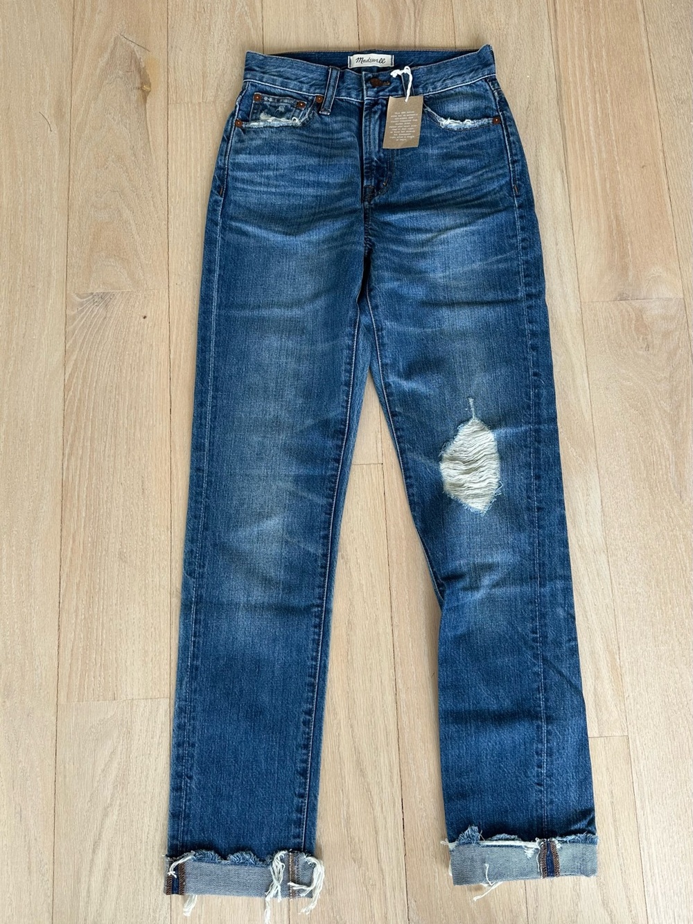 Madewell Distressed High-Rise‎ Blue Straight Jeans